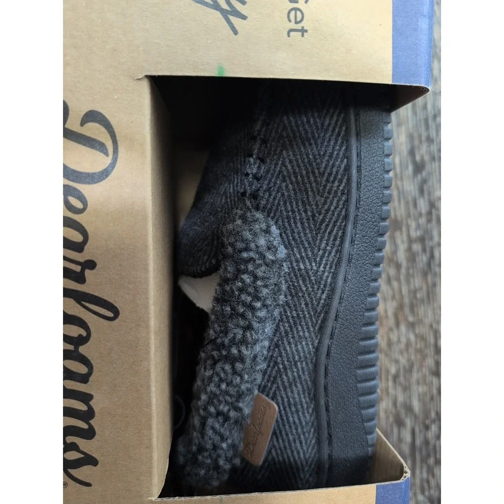 Dearfoams Slippers Mens Size 7-8‎ S Gray Herringbone Memory Foam Moccasin Faux